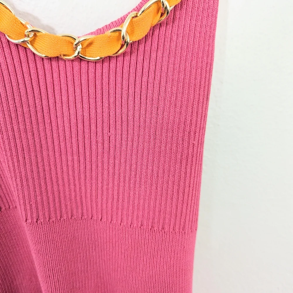 Zara Ribbed Knit Skater Dress Contrast Gold Chain Cross Back Mini Pink Medium M